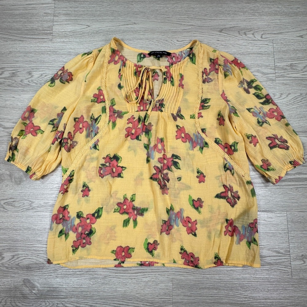 Zac & Rachel Women's Blouse Petite Medium Yellow Floral Tie Neck 3/4 Sleeve‎ PM